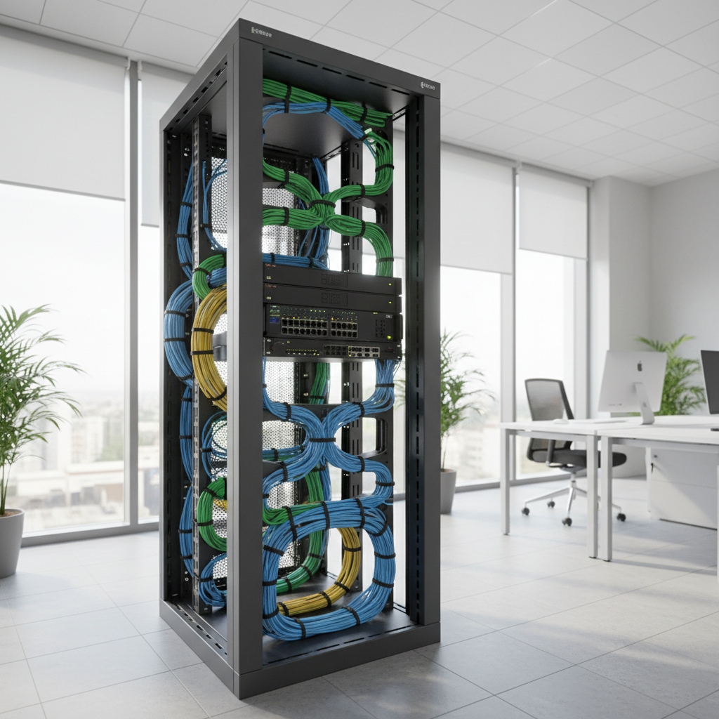 Server rack with structured cabling and network infrastructure