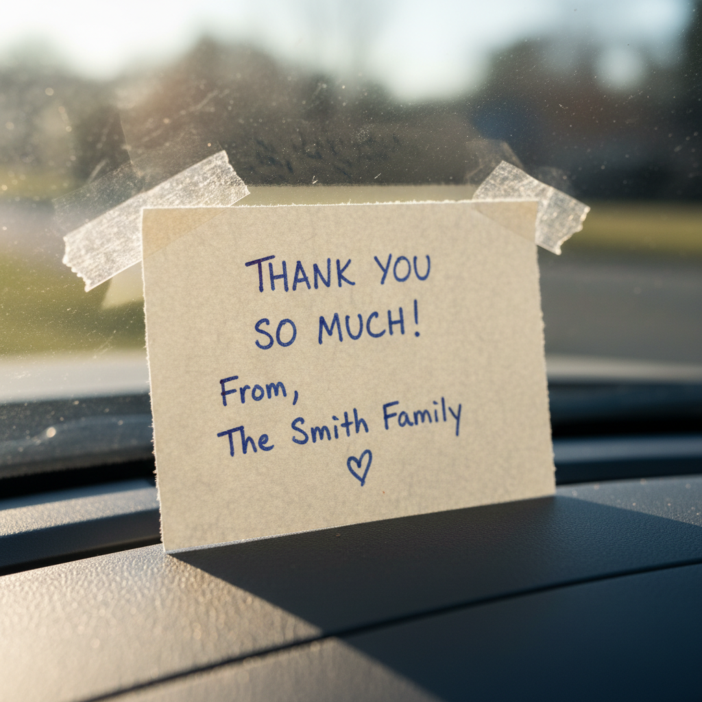 Handwritten thank you card taped to a dashboard from a grateful family