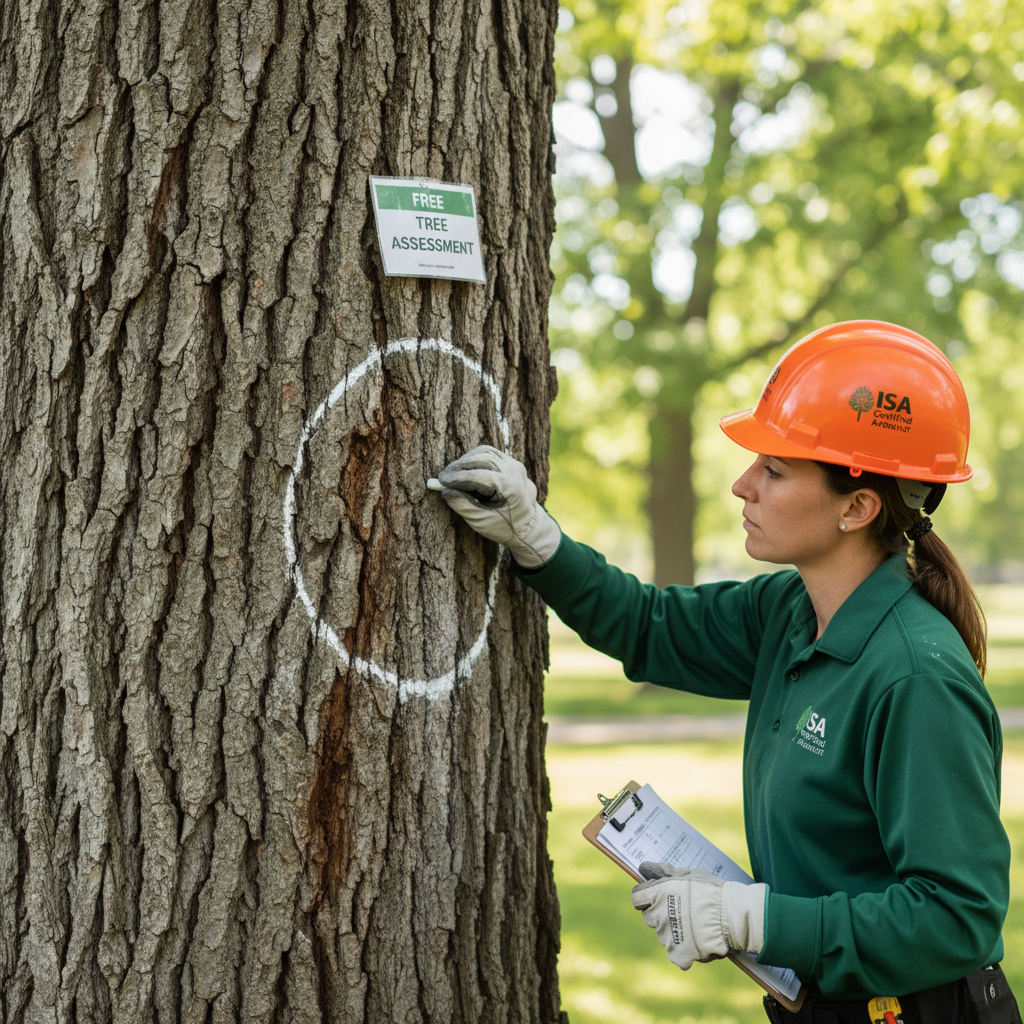 ISA certified arborist in orange hard hat marking a damaged tree trunk with chalk during a free assessment