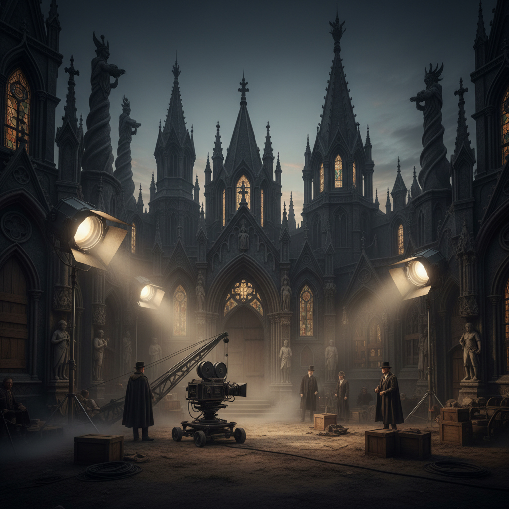 Elaborate movie set with detailed production design and atmospheric period lighting on soundstage