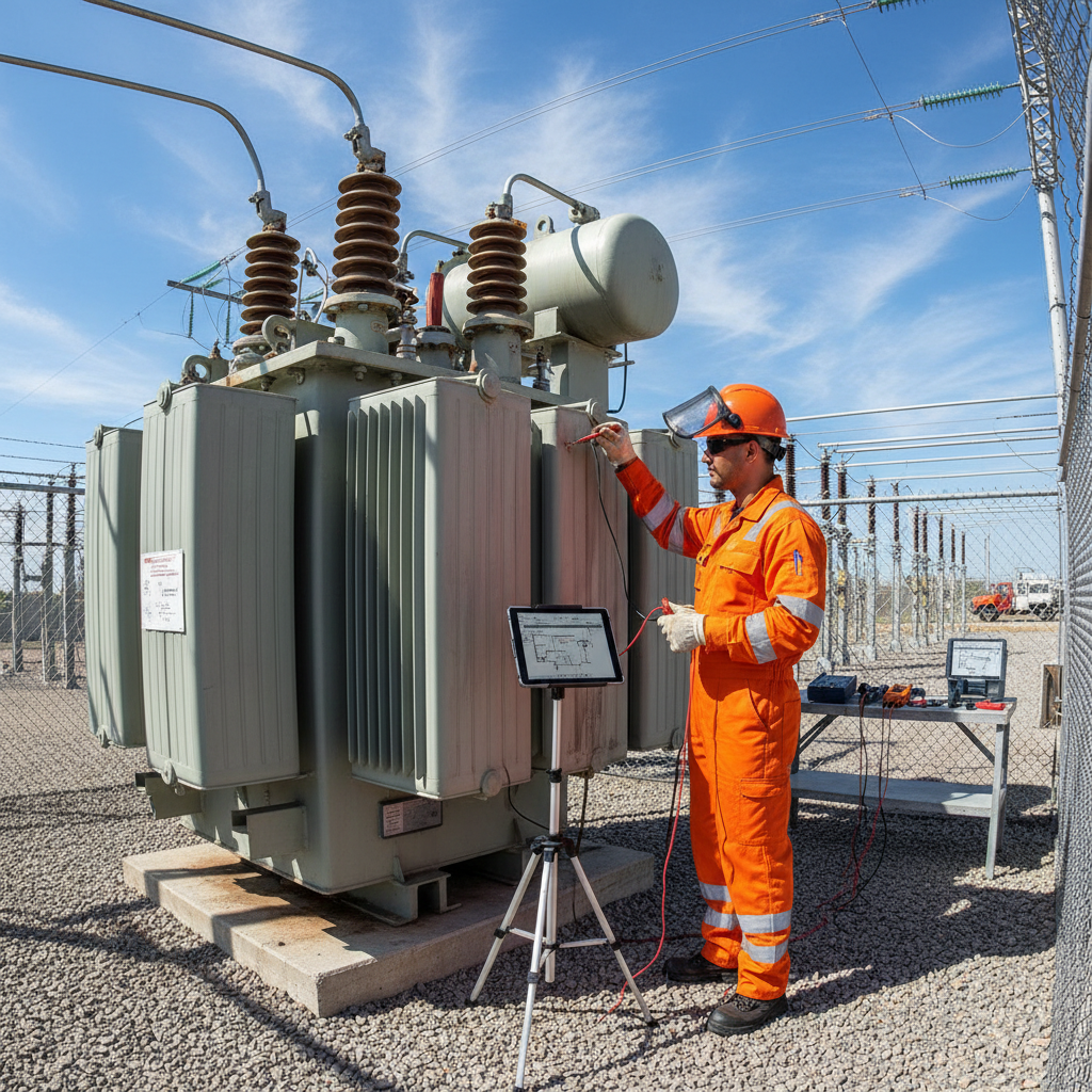Technician performing maintenance inspection on telecommunications tower equipment with testing device