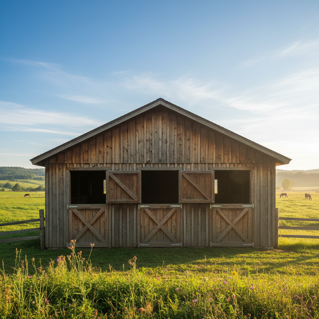 Small three-stall timber barn with Dutch doors open to a green pasture on a sunny morning