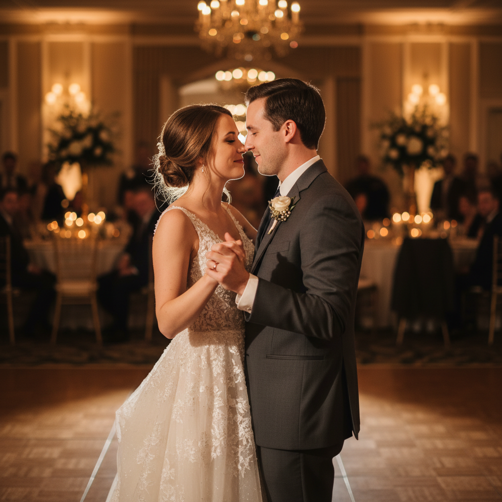 Wedding first dance under soft golden fairy lights, romantic venue, couple dancing, warm atmospheric lighting in elegant ballroom