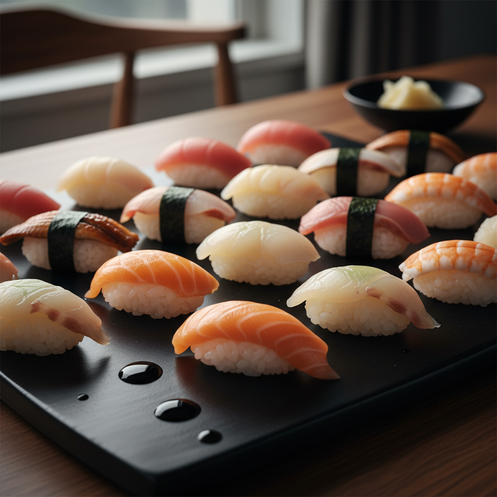 Precise nigiri placement on black ceramic, each piece identical in angle and height