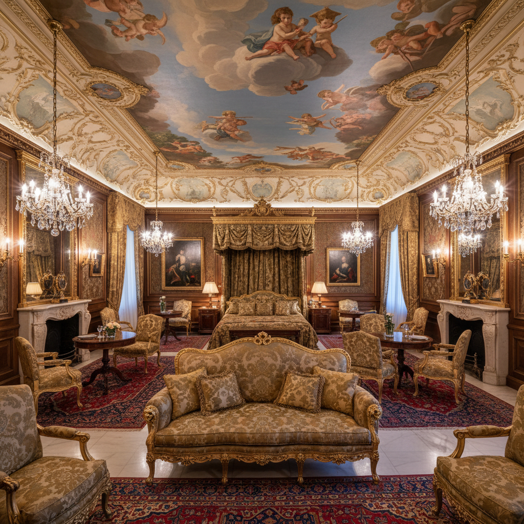 Opulent maharaja suite bedroom with hand-carved four-poster bed, silk drapes in gold and crimson, marble floors with intricate inlay patterns