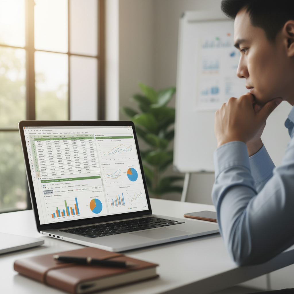 Excel spreadsheet with charts and pivot tables visible on laptop screen, data analysis work