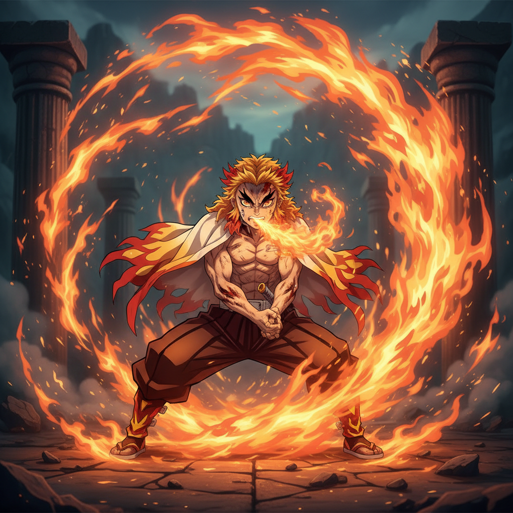 Flame hashira engulfed in fire breathing technique during intense battle training