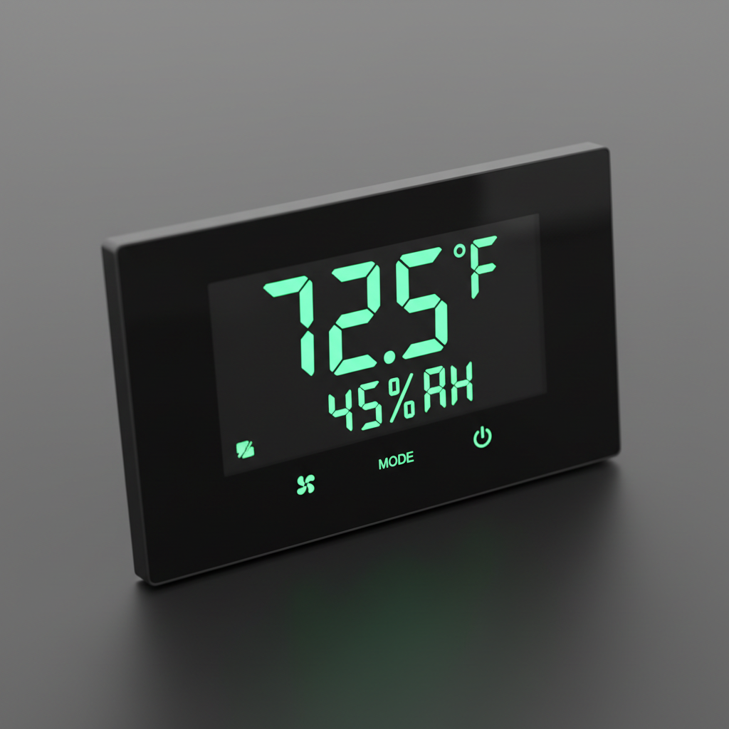Digital climate control panel showing steady temperature and humidity readings in green