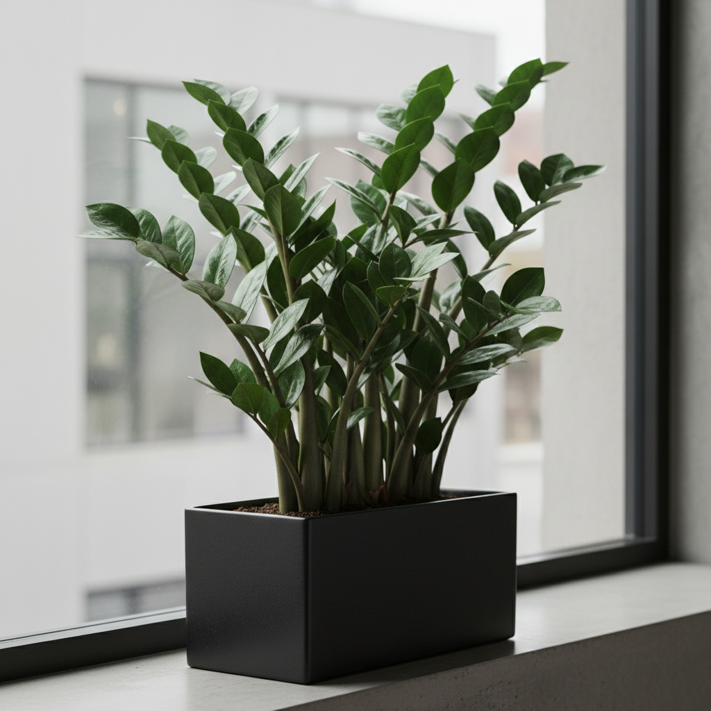 ZZ plant with glossy dark emerald green leaves in modern matte black pot in minimalist interior