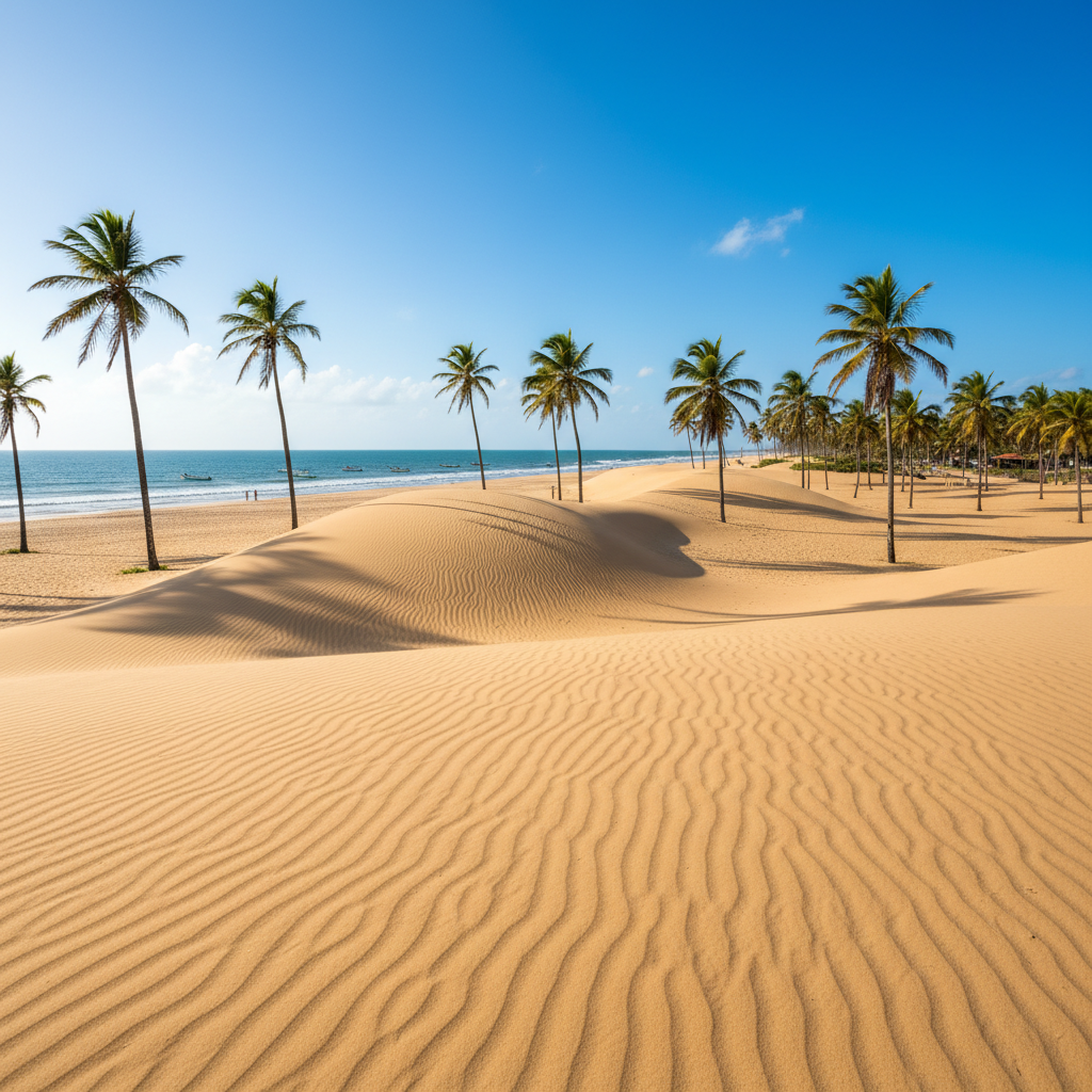 Gran Canaria strand met gouden zandduinen en turquoise zee, helder blauwe lucht, zonnig