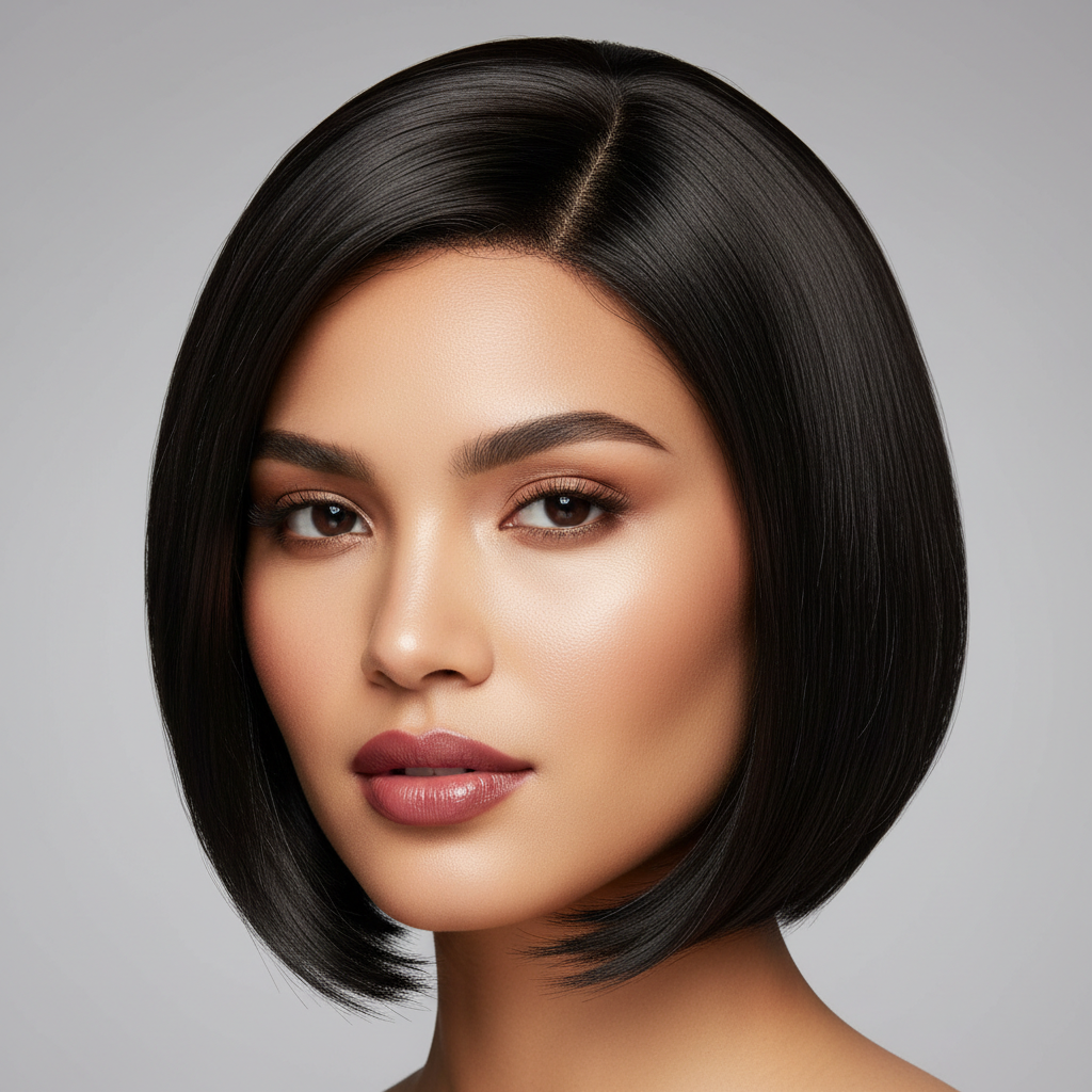 Model with sleek straight Malaysian hair wig in bright studio setting