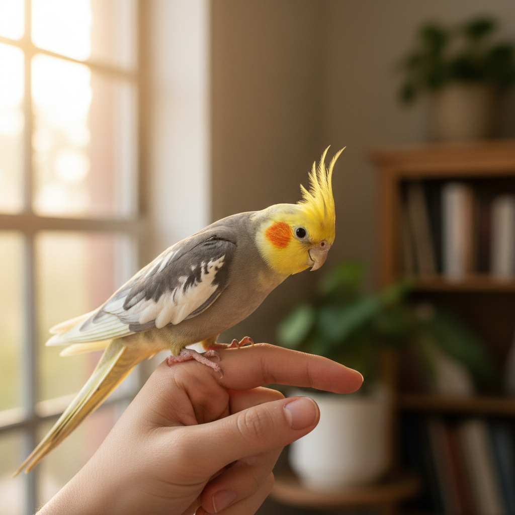 Person looking at a yellow cockatiel perched on their finger with gentle attentive expression