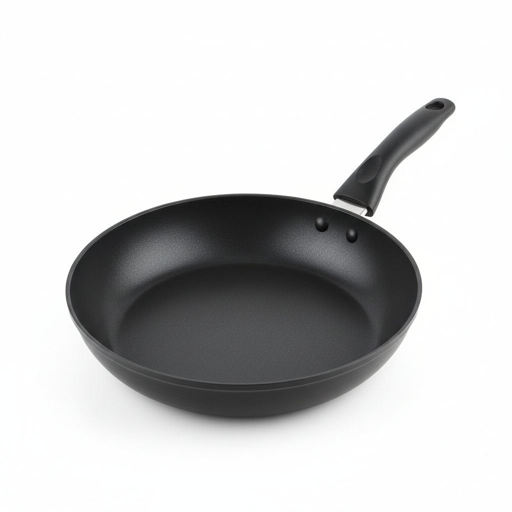 Black non-stick frying pan kawali on white background, kitchen cookware