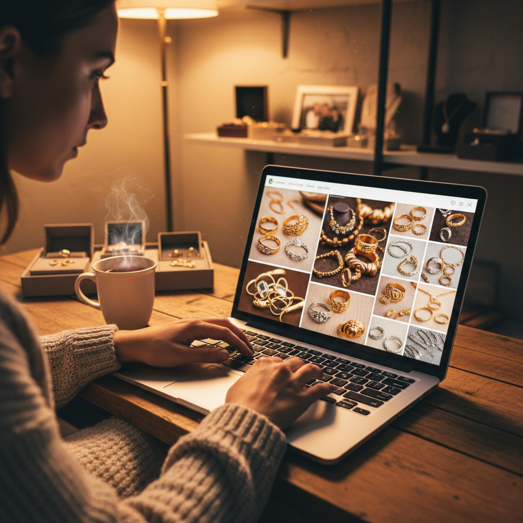 Persona explorando diseños de aretes en una interfaz minimalista, ambiente de estudio cálido