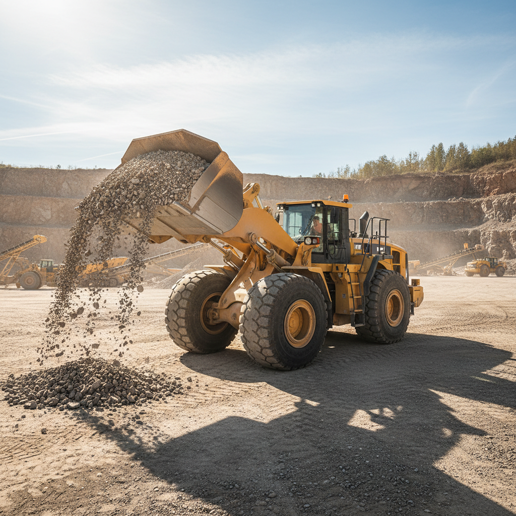 Large wheel loader with full bucket on aggregate stockpile, loading trucks on mining site