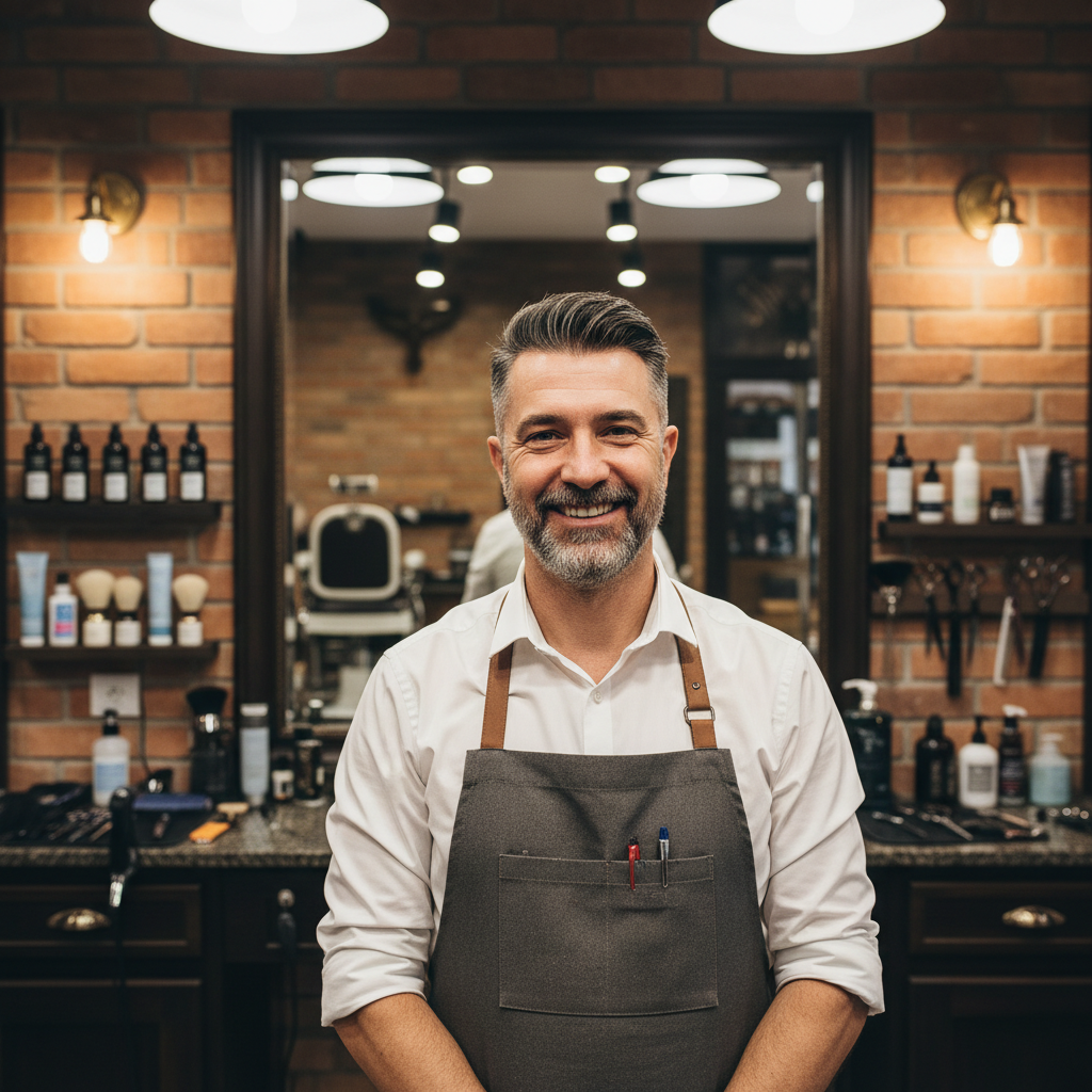 Portrait of Deon Harris, senior barber, friendly smile, clean barbershop interior behind him
