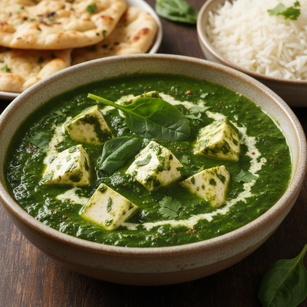 Palak paneer green spinach curry with white cottage cheese cubes in bowl