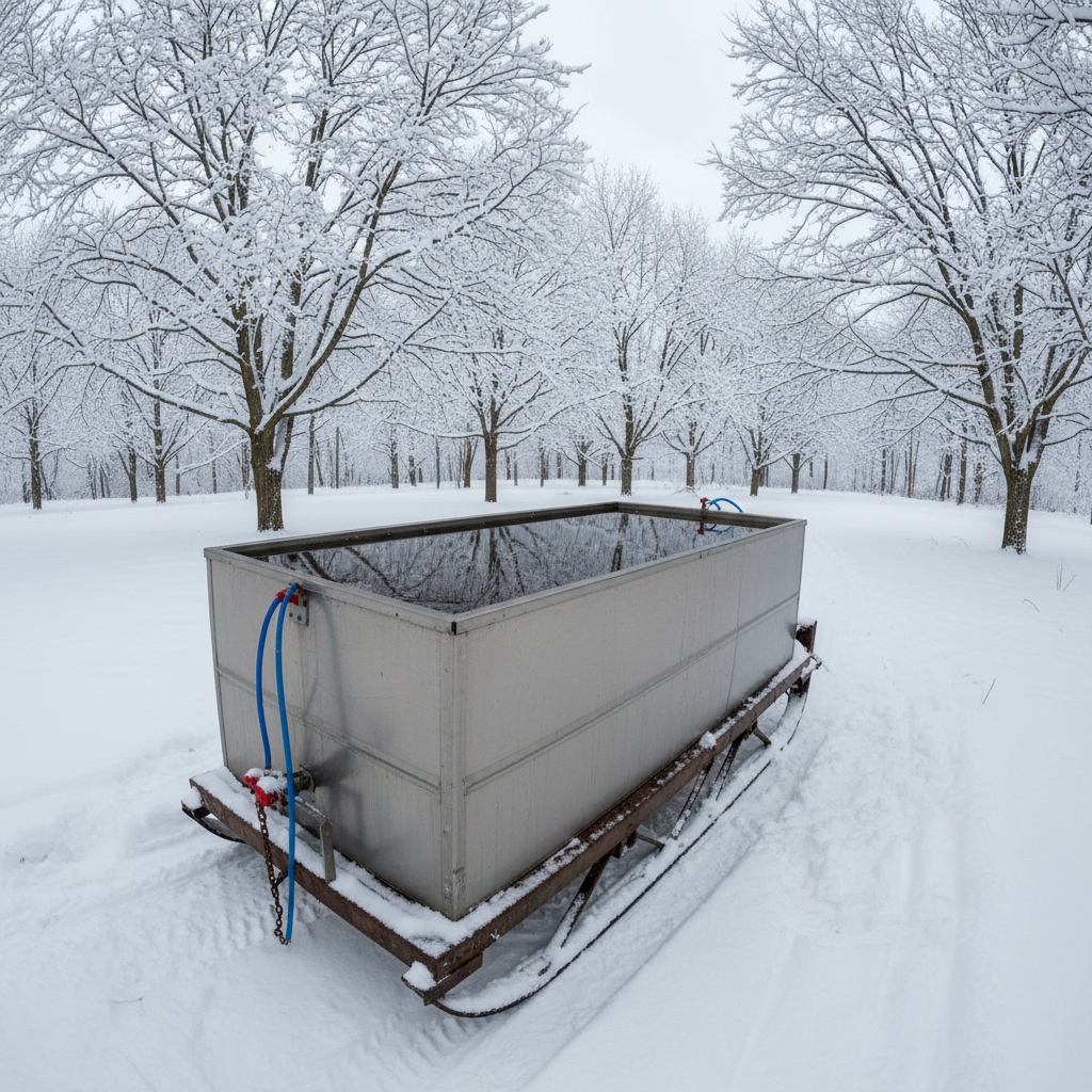 Stainless steel collection tank on a tractor sled in a snowy sugarbush, filled with clear sap