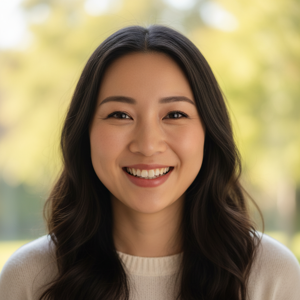 East Asian woman smiling with natural background