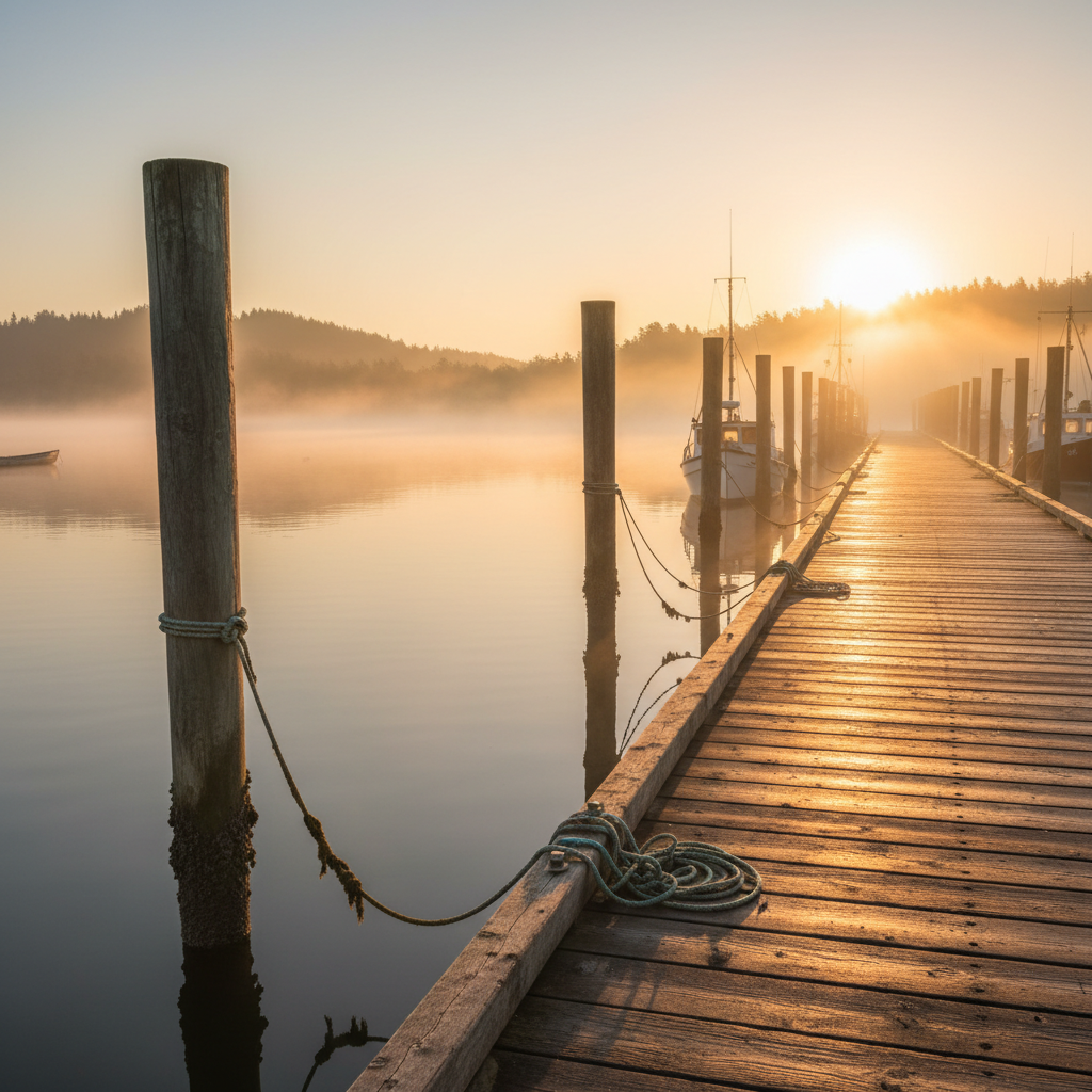 Morning fog drifting over a quiet harbor, weathered dock pilings rising from still water at golden hour