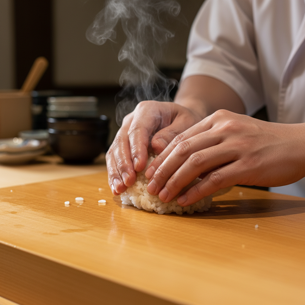 Chef hands pressing shari rice into shape over hinoki counter, steam rising