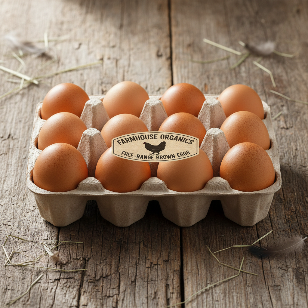 Fresh brown farm eggs in a rustic egg carton