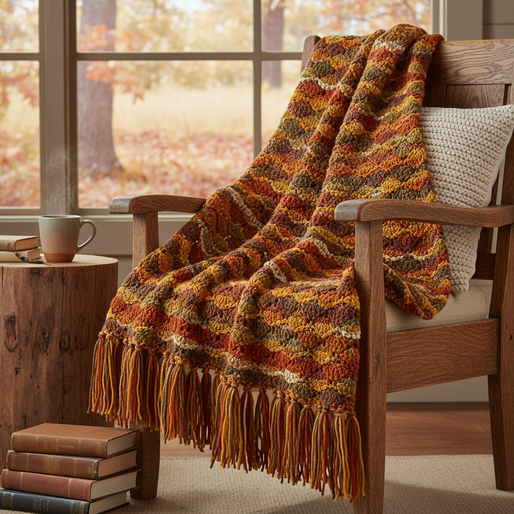 Cozy knit sweater in warm rust-orange tones draped over wooden chair, soft autumn lighting, textured fabric close-up