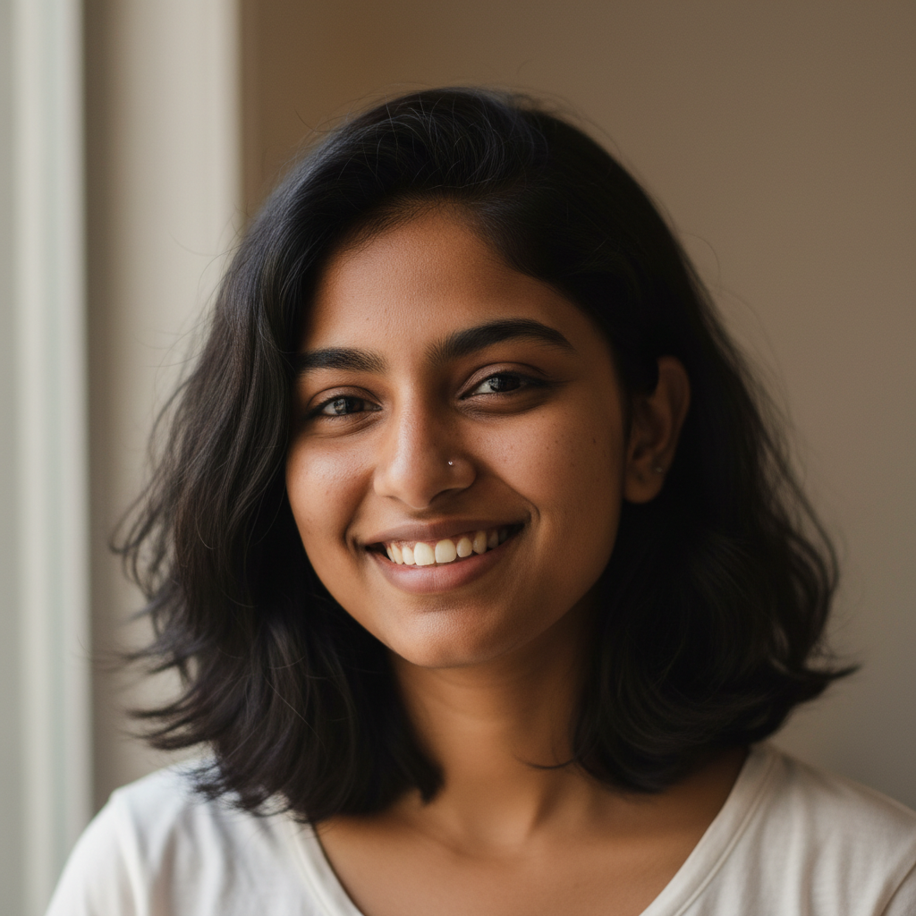 Young Indian woman with warm smile, dark hair, casual attire, neutral background