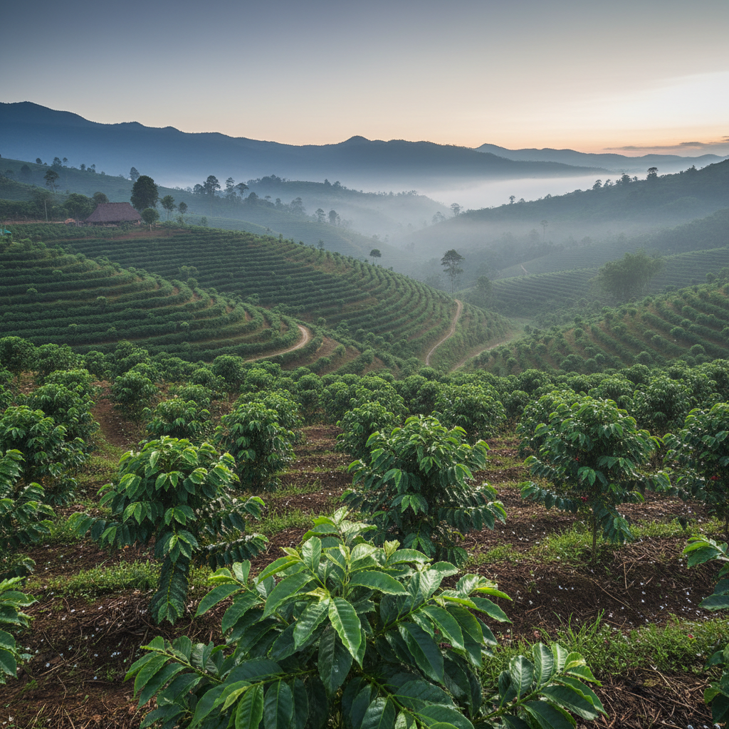 Wide view of lush green coffee farm terraces in the highlands of Guatemala at golden hour