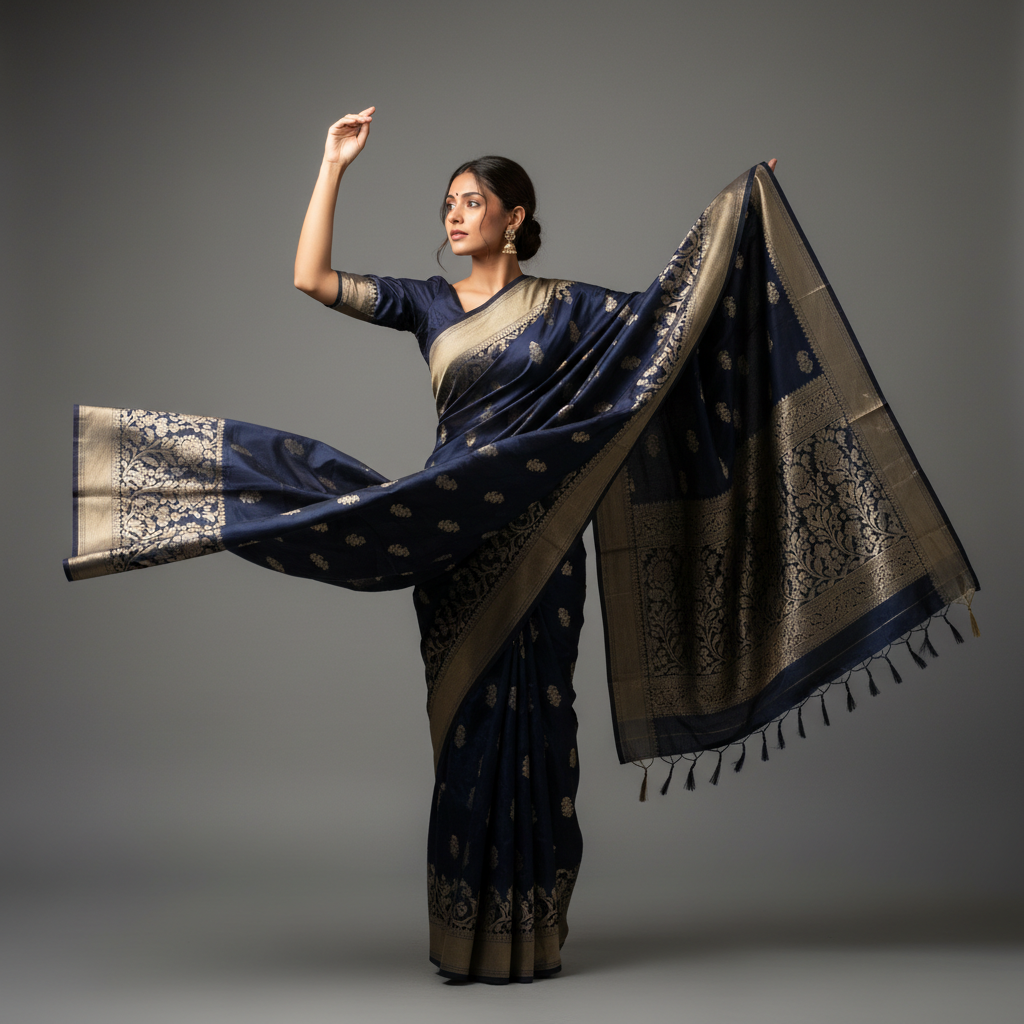 Indian woman in mid-drape of a deep navy Banarasi saree, fabric suspended between gesture and gravity, pallu catching studio light