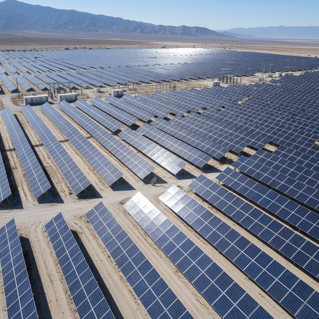 Vast utility-scale solar farm with thousands of photovoltaic panels arranged in rows across open landscape