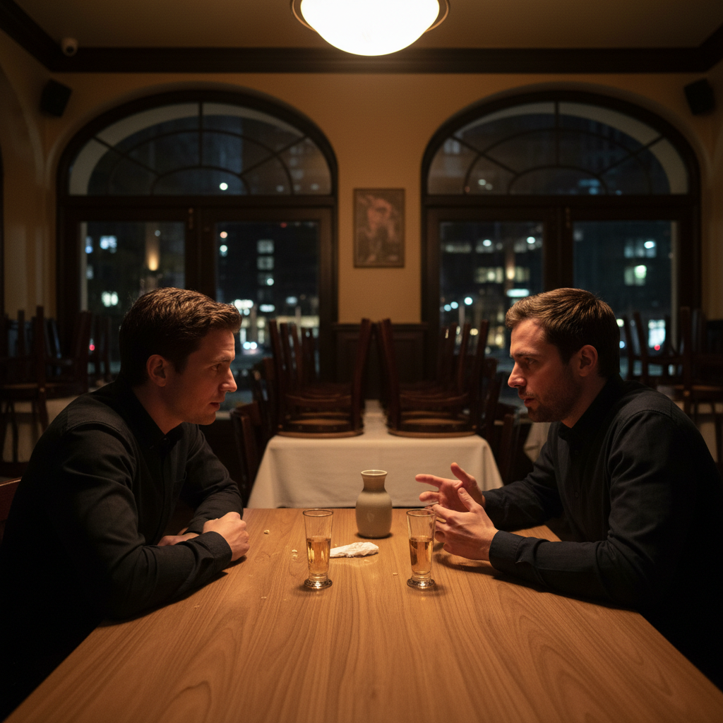 Two people in deep conversation at a restaurant table after hours, warm overhead lighting, plates cleared except for small glasses