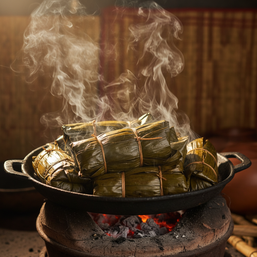 Steaming banana leaf parcels of Luwombo just removed from the charcoal stove