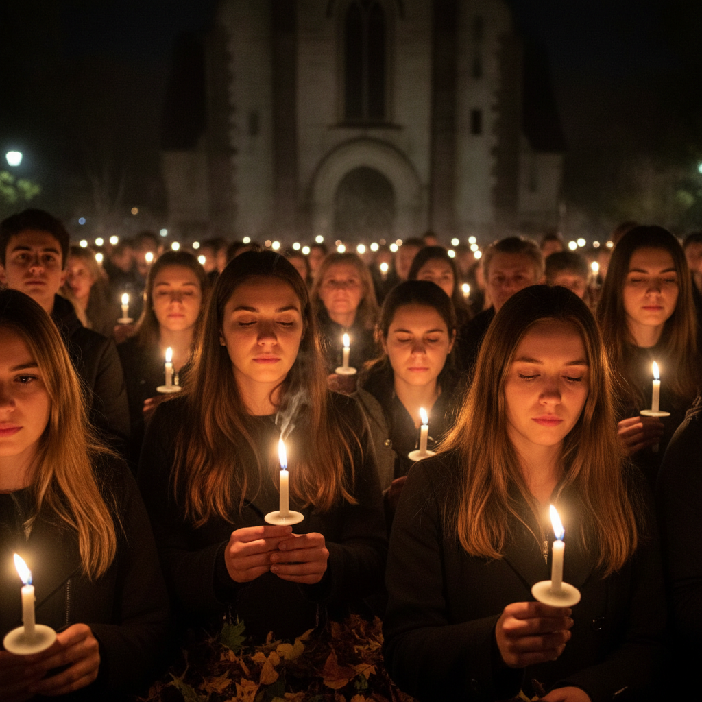 Candlelit vigil at night, dozens of faces illuminated by small flames held aloft in darkness