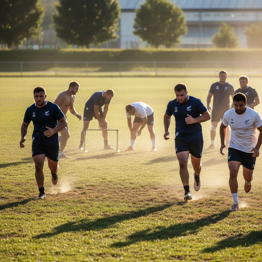 Rugby players doing pre-season conditioning training in summer heat on a sports field