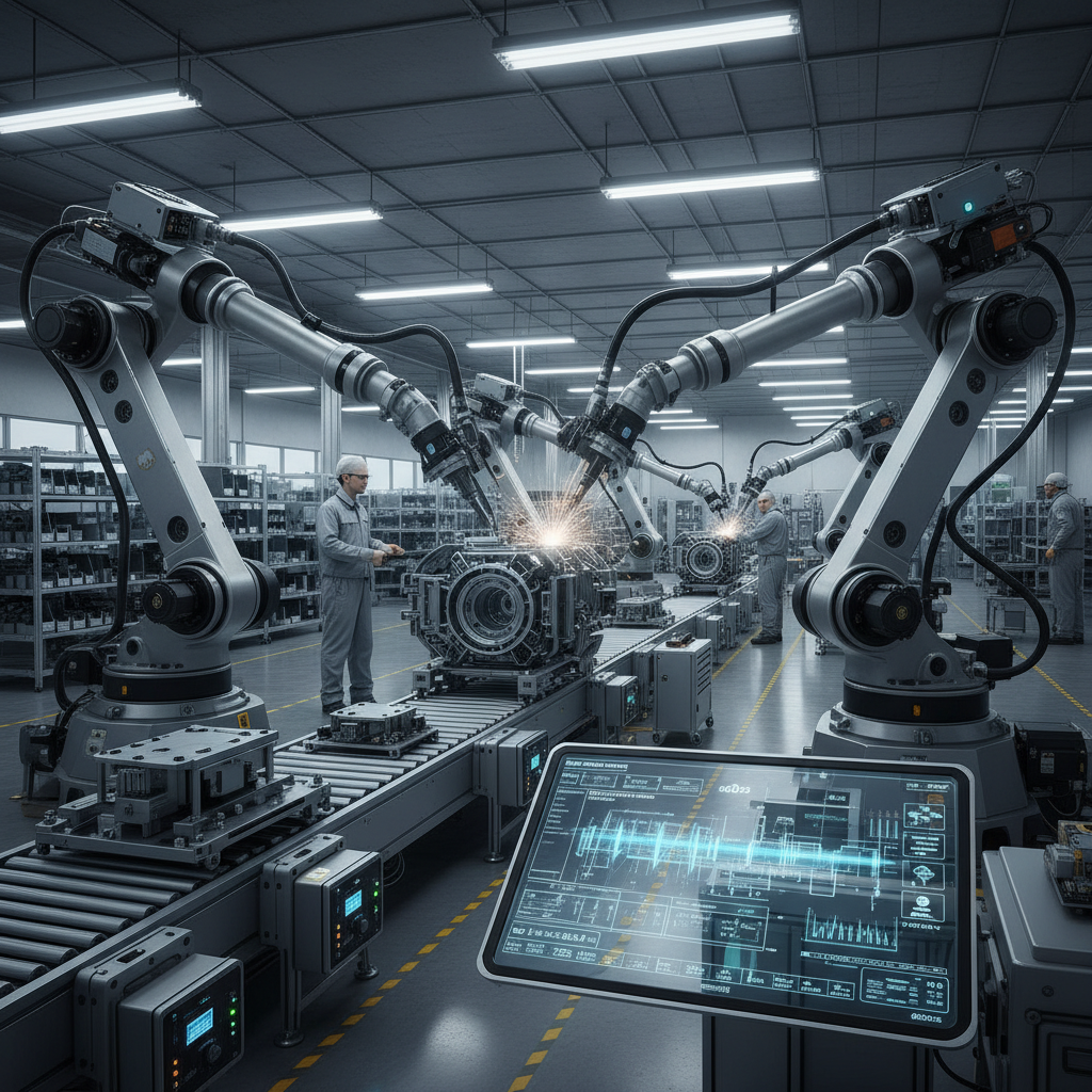 Smart manufacturing facility with robotic arms, IoT sensors, automated assembly lines, and workers monitoring AI-powered quality control systems on tablets