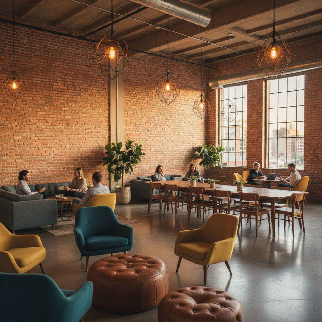 Coworking lounge area with exposed brick, mid-century furniture, and pendant Edison bulbs