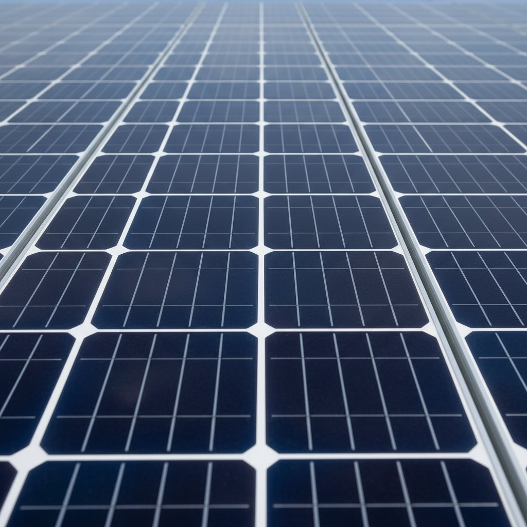 Close-up of solar panel cells, blue monocrystalline panels, clean modern design, bright outdoor environment