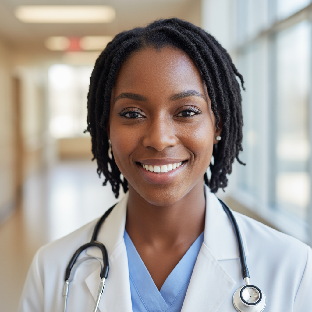 Professional African woman in white medical coat with stethoscope smiling confidently