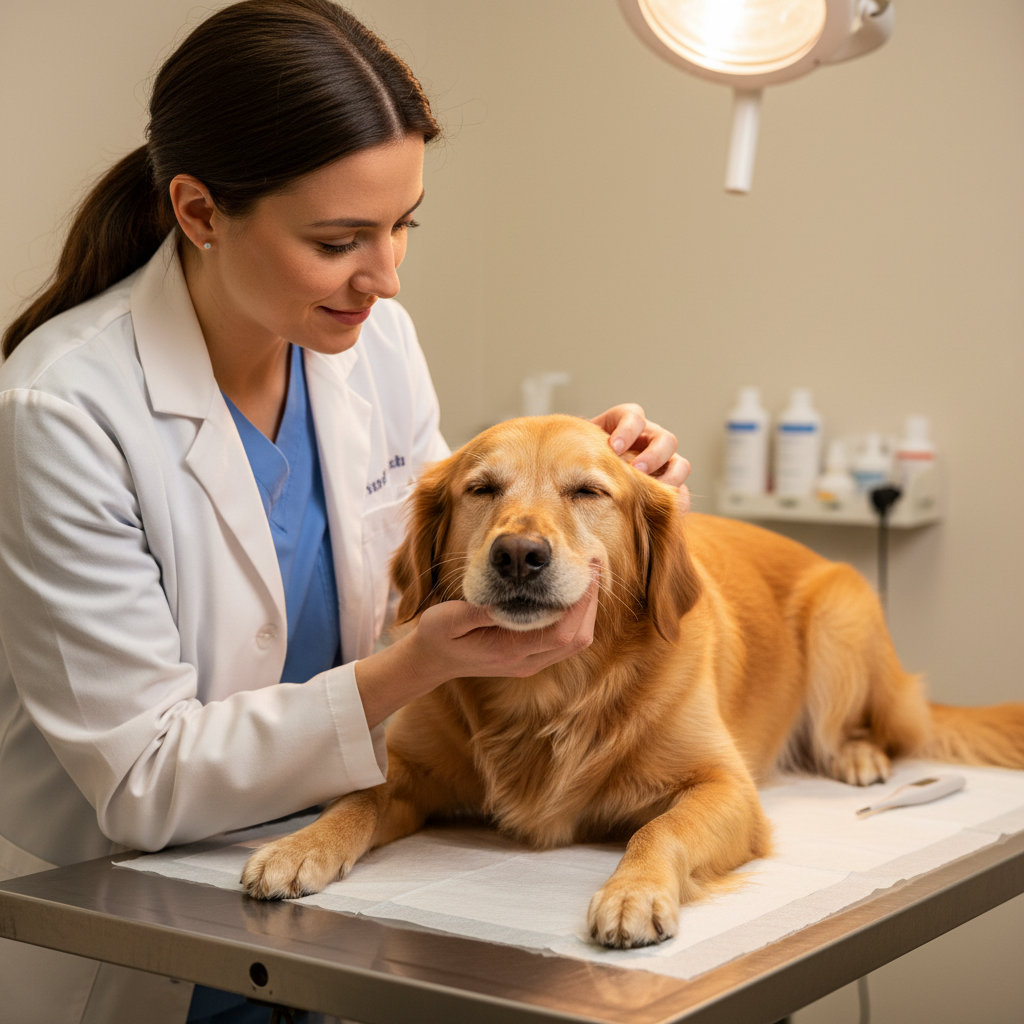Veterinarian gently examining a dog under warm clinical lighting in an emergency animal hospital
