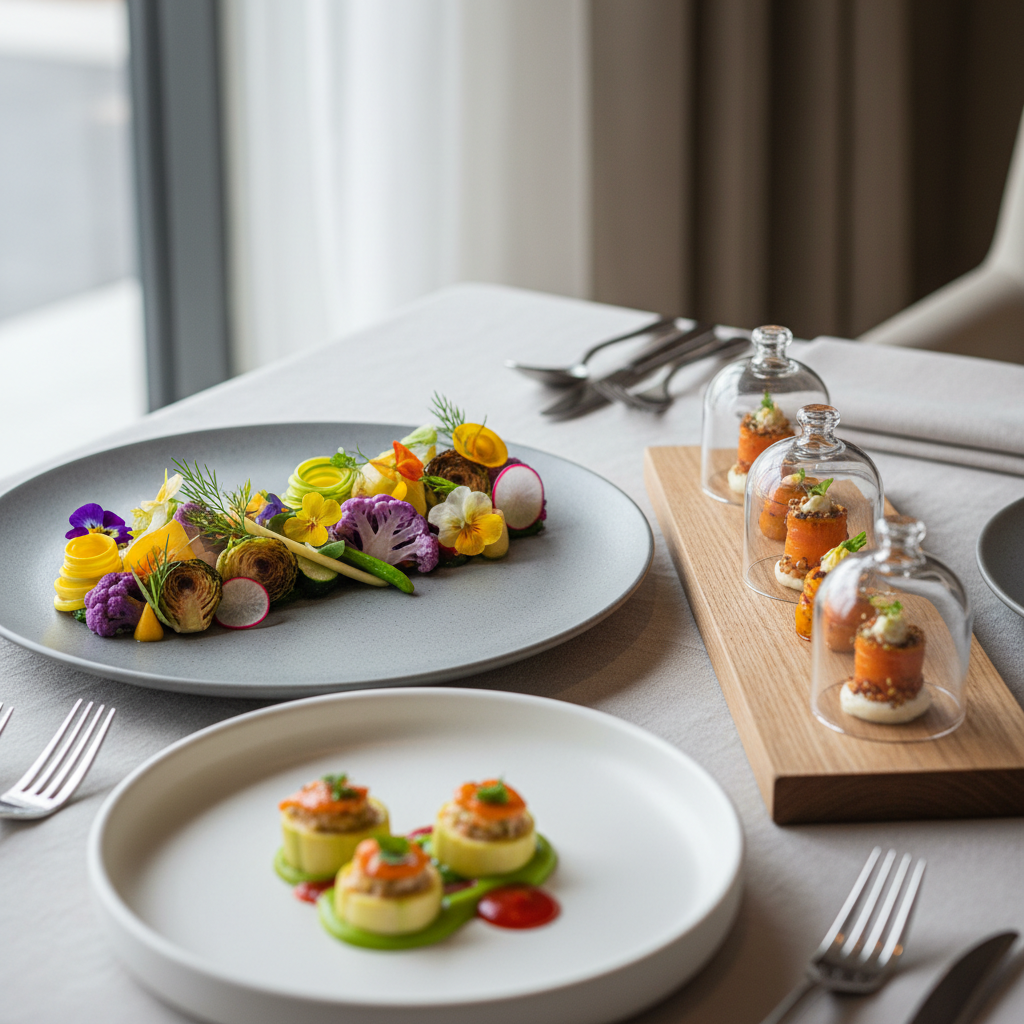Elegant multi-course tasting menu presentation with artistic plating and garnishes