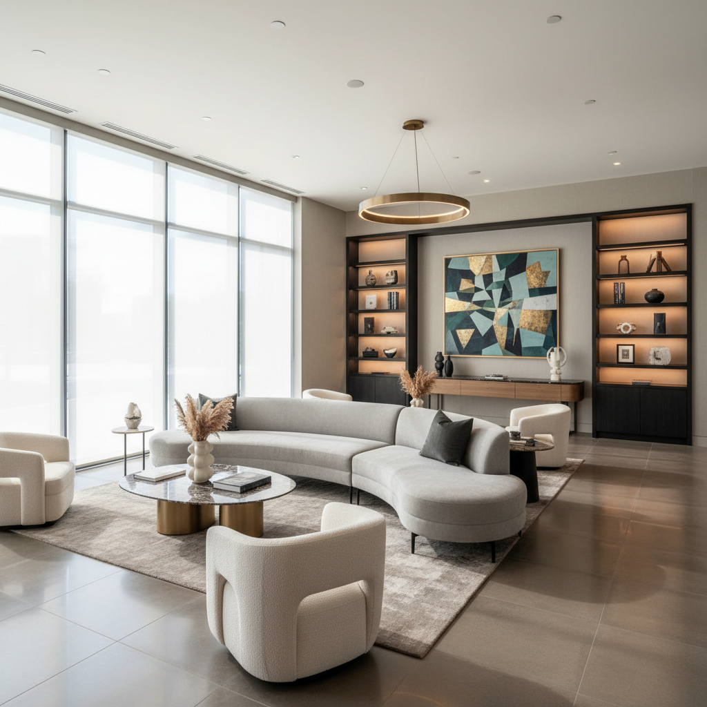 Virtual staging company workspace with multiple screens showing AI-generated room transformations