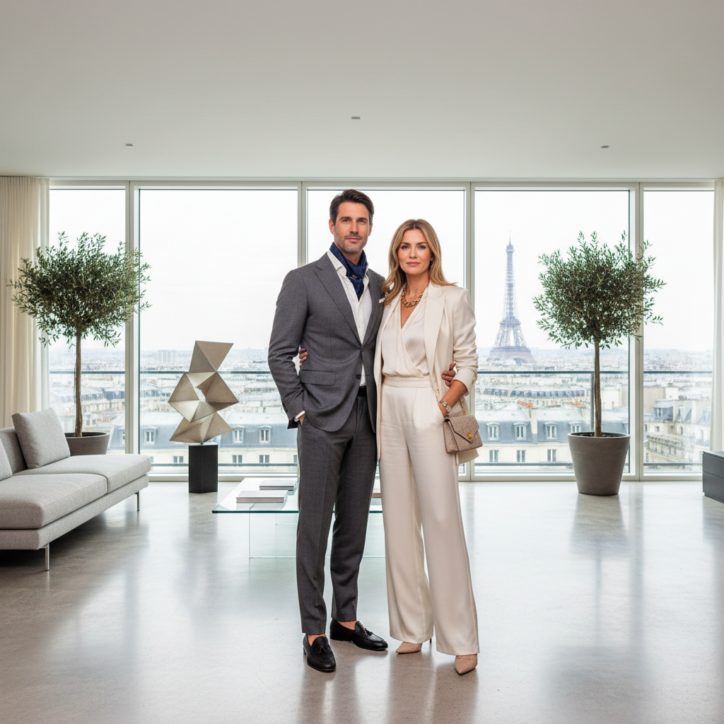 Elegant penthouse interior with floor-to-ceiling windows overlooking a city skyline