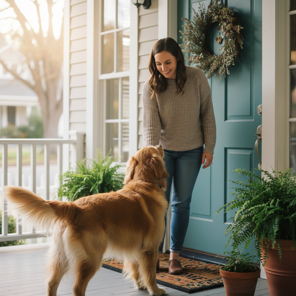 Person warmly greeting a happy dog at a front door, building trust in a cozy neighborhood setting