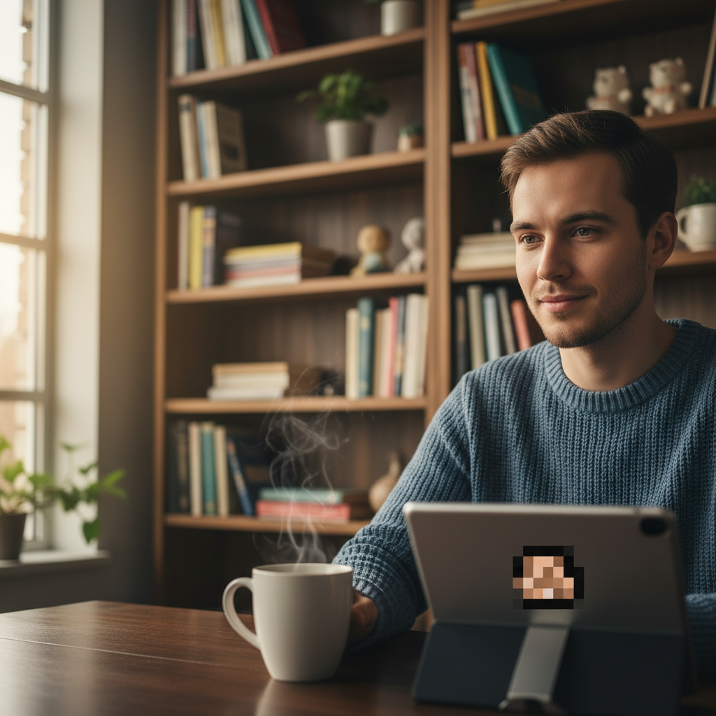 Person on video call with bookshelf in background and coffee mug on desk