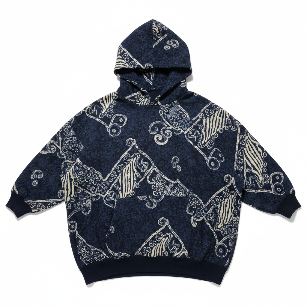Oversized batik print hoodie in dark navy, Thread Drop 004