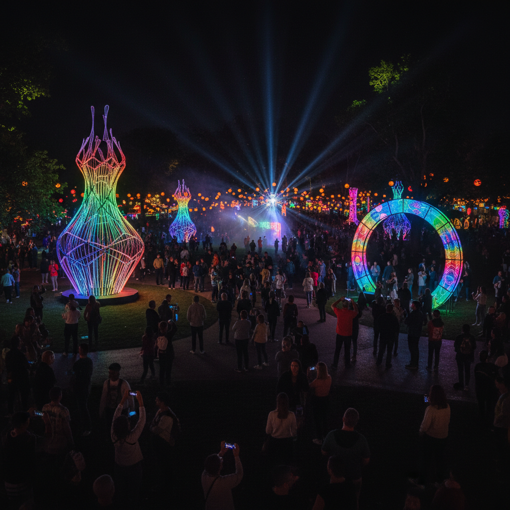 Nighttime crowd at outdoor art event with vibrant colored lights