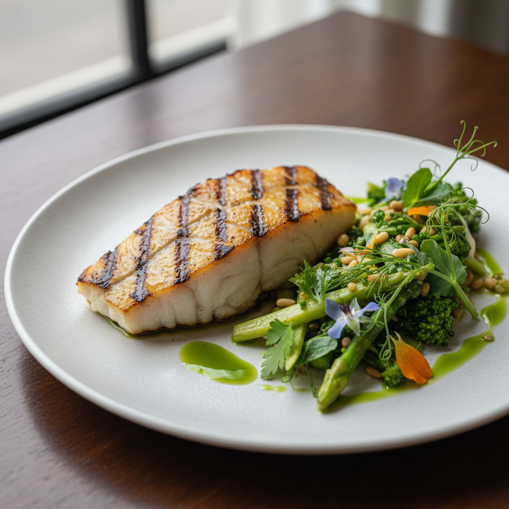 Marinated fish dish with onions and pine nuts on ceramic plate, warm dim restaurant lighting