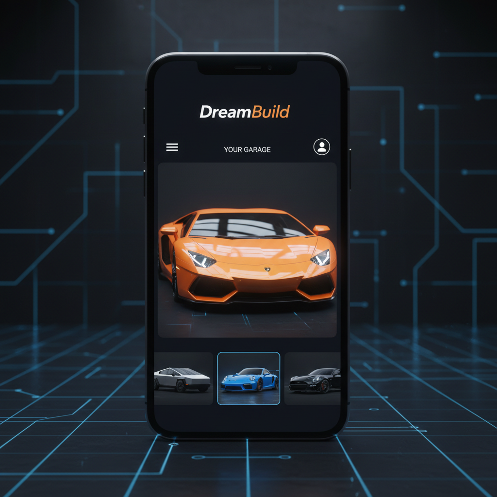 DreamBuild app homescreen showing digital garage with orange Lamborghini as featured vehicle