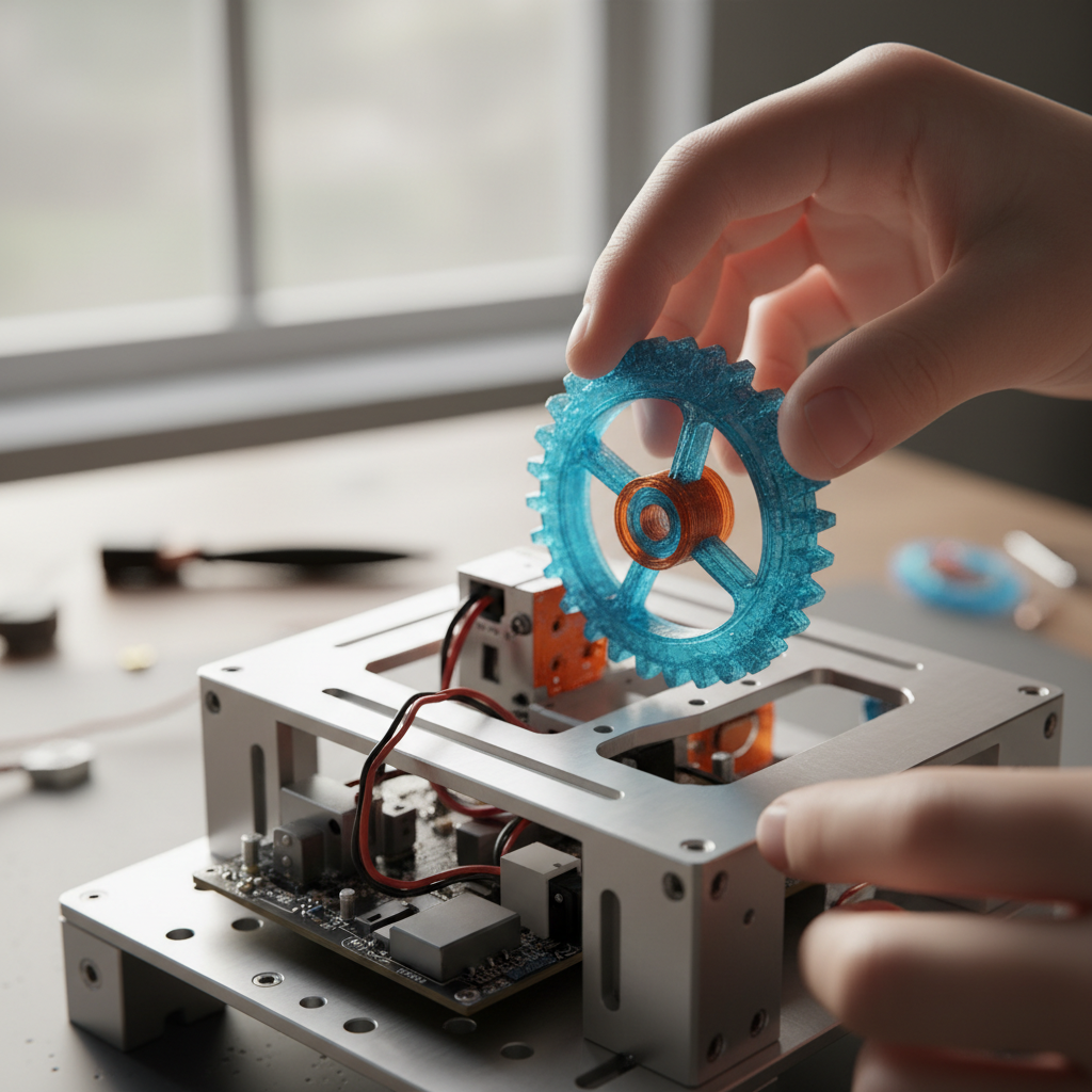 Small hands carefully placing a 3D-printed gear onto a robot chassis